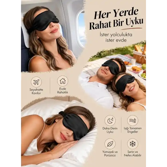 ICON SILK%100 Saf İpek Uyku Maskesi Göz Bandı (Siyah)