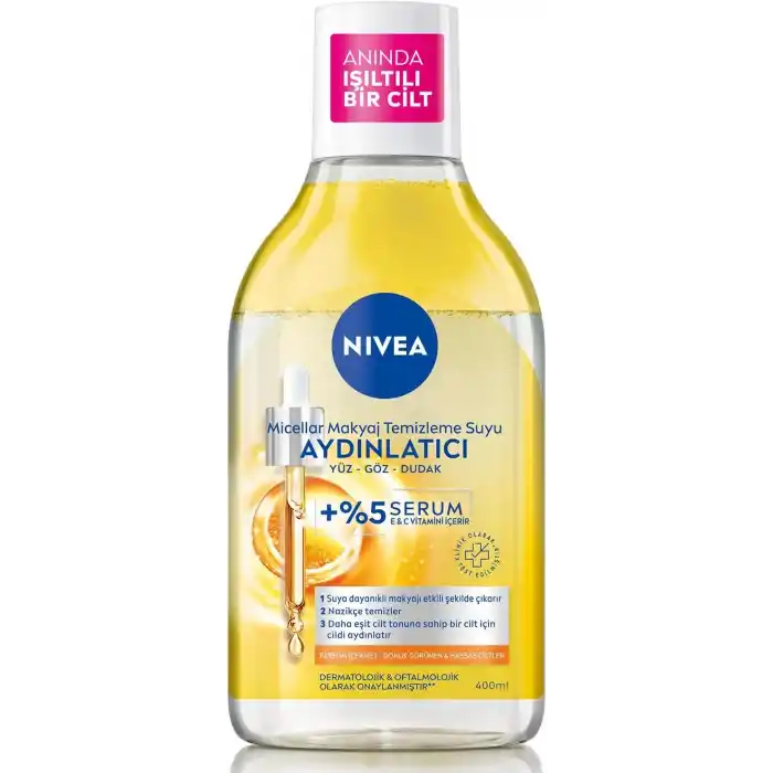 NIVEA Micellar Aydınlatıcı Makyaj Temizleme Suyu 400 ml,Suya Dayanıklı Makyajı Çıkarır,Ovalama Gerektirmez,Serum İçerikli,C Vitamini,E Vitamini,