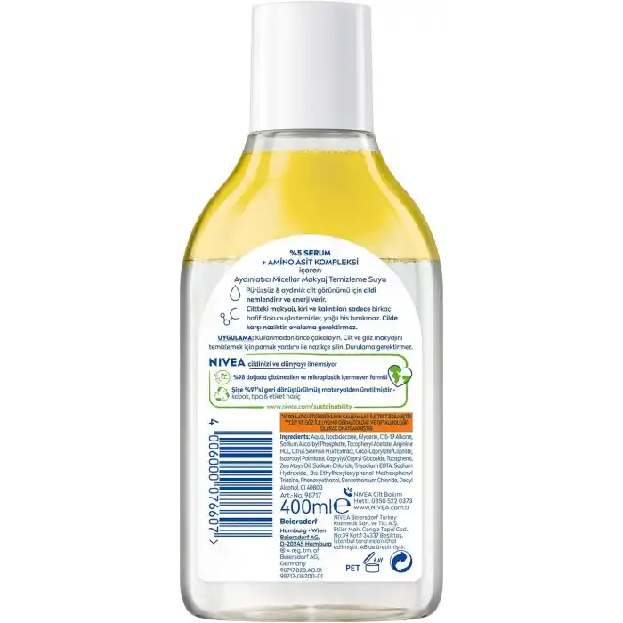 NIVEA Micellar Aydınlatıcı Makyaj Temizleme Suyu 400 ml,Suya Dayanıklı Makyajı Çıkarır,Ovalama Gerektirmez,Serum İçerikli,C Vitamini,E Vitamini,