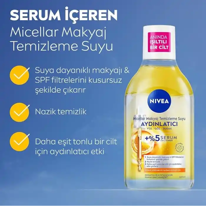 NIVEA Micellar Aydınlatıcı Makyaj Temizleme Suyu 400 ml,Suya Dayanıklı Makyajı Çıkarır,Ovalama Gerektirmez,Serum İçerikli,C Vitamini,E Vitamini,