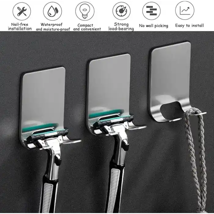 Kyro tech 2Li Paslanmaz Çelik Metal Banyo Jilet ve Traş Bıçağı Tutucu, Kendinden Yapışkanlı, Çift Askılı, Delme Gerektirmez, Su Geçirmez, Nemli Ortama Dayanıklı, Fayans, Mermer, Cam, Ahşap Uyumlu