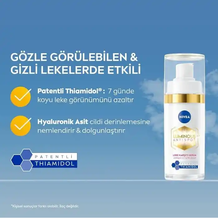 NIVEA Luminous630 Thiamidol Etkili Leke Karşıtı Cilt Serumu 30ml, Hyaluronik Asit, Cilt Tonu Eşitleyici,Aydınlık Görünüm