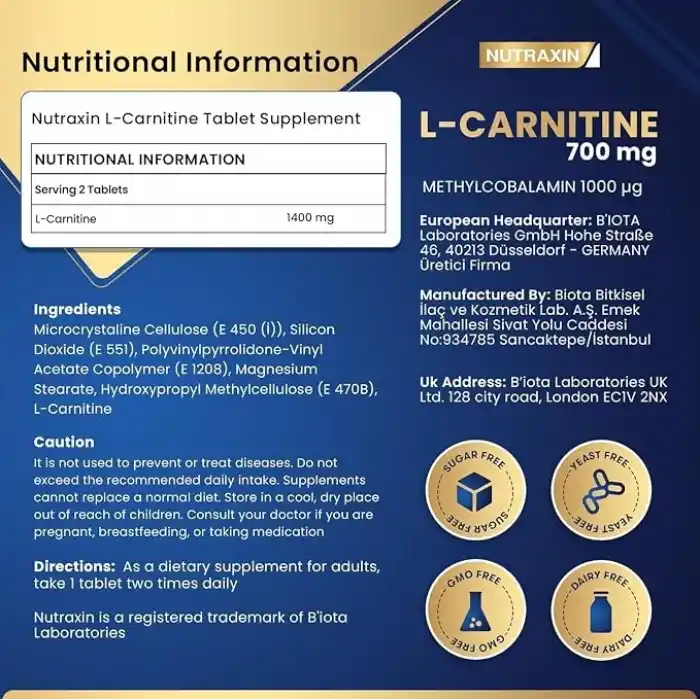 Nutraxin Slim Quick-Slim L-Carnitine 700 mg 60 Tablet Diyet Destek Takviyesi