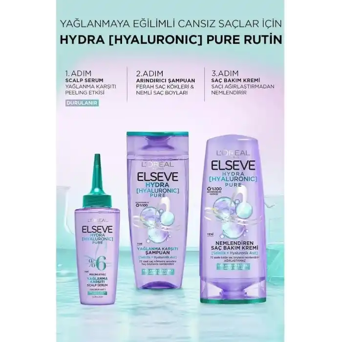 LOreal Paris Elseve Hydra [Hyaluronic] Pure Salisilik Asit içeren Yağlanma Karşıtı Nemlendirici Saç Kremi 250 ml