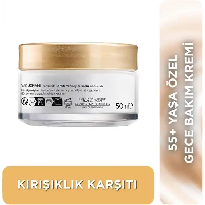 LOreal Paris Yaş Uzmanı 55+ Kırışıklık Karşıtı Yenileyici Gece Kremi