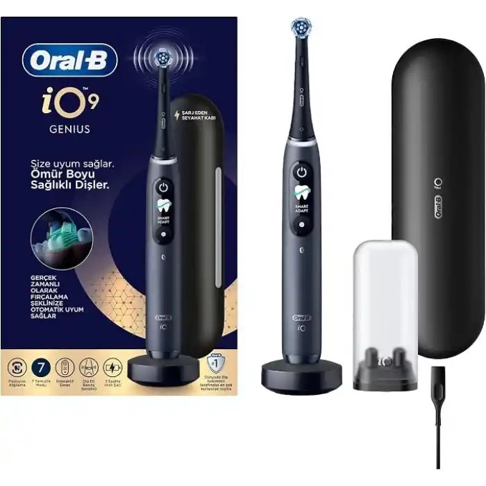 Oral-B iO9 Siyah Şarjlı/Elektrikli Diş Fırçası, 1 Fırça Başlığı, Hızlı Manyetik Şarj Cihazı, Uzun Ömürlü Pil, Şarj Eden Seyahat Kabı, Yedek Başlık Kabı