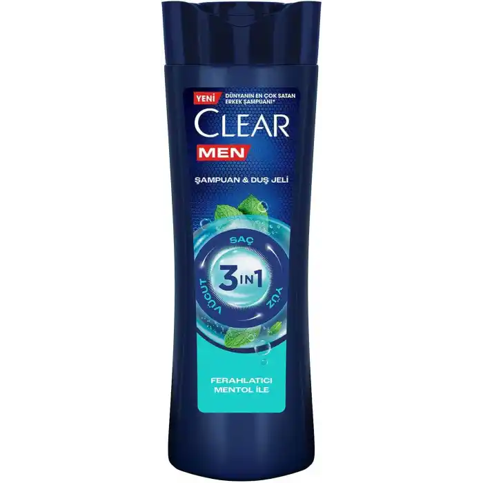 Clear Men 3 in 1 Şampuan & Duş Jeli Ferahlatıcı Mentol Etkisi Saç Yüz Vücut İçin 350 ml