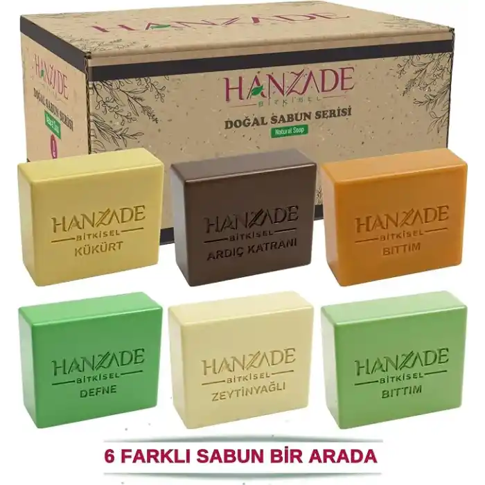Hanzade Bitkisel Doğal El Yapımı Hatay Ardıç Katranı, Bıttım, Kükürt, Siirt Bıttım, Defne, Zeytinyağlı Sabun Karışık 1er Adet