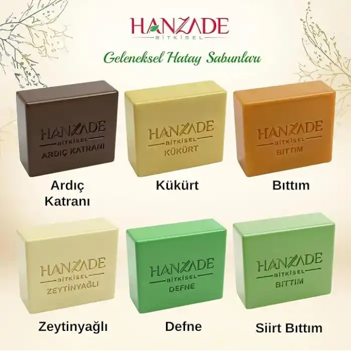 Hanzade Bitkisel Doğal El Yapımı Hatay Ardıç Katranı, Bıttım, Kükürt, Siirt Bıttım, Defne, Zeytinyağlı Sabun Karışık 1er Adet