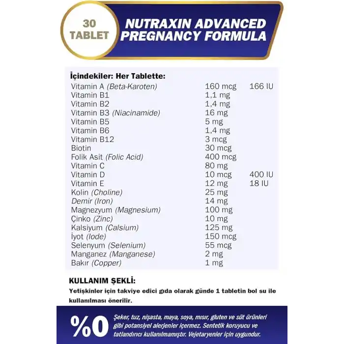 Nutraxin Pregnancy Formula | Hamilelik ve Emzirme Dönemine Özel Multivitamin | 21 Vitamin ve Mineral | 30 Tablet | vegetarian