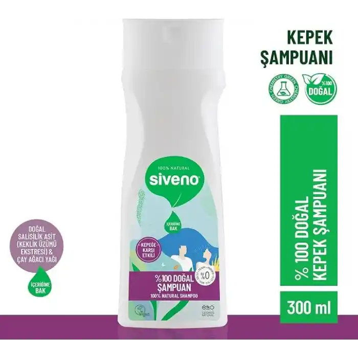 Siveno%100 Doğal Kepeğe Karşı Etkili Şampuan Günlük Bakım Yağlı Saçlar Çay Ağacı Keklik Üzümü Vegan 300 ml