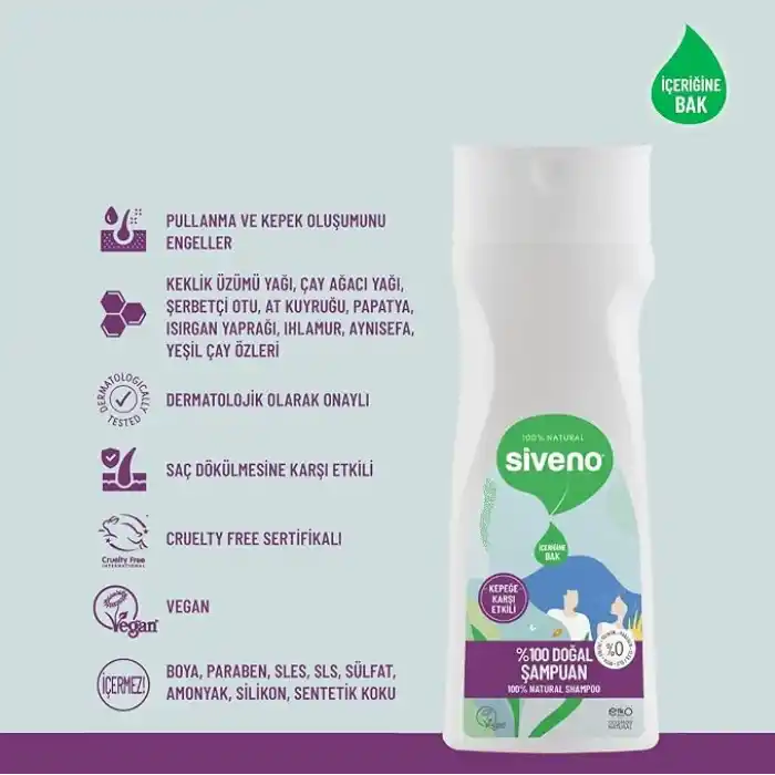 Siveno%100 Doğal Kepeğe Karşı Etkili Şampuan Günlük Bakım Yağlı Saçlar Çay Ağacı Keklik Üzümü Vegan 300 ml