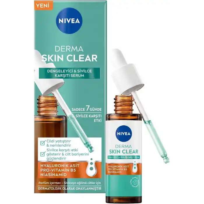 NIVEA Derma Skin Clear Dengeleyici ve Sivilce Karşıtı Serum 30ml, Cildi Yatıştırır, Komedojenik Değildir,Niasinamid, Hyaluronik Asit, Pro Vitamin B5,Yağlı,Karma Cilt