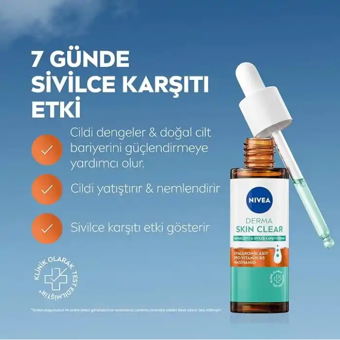 NIVEA Derma Skin Clear Dengeleyici ve Sivilce Karşıtı Serum 30ml, Cildi Yatıştırır, Komedojenik Değildir,Niasinamid, Hyaluronik Asit, Pro Vitamin B5,Yağlı,Karma Cilt