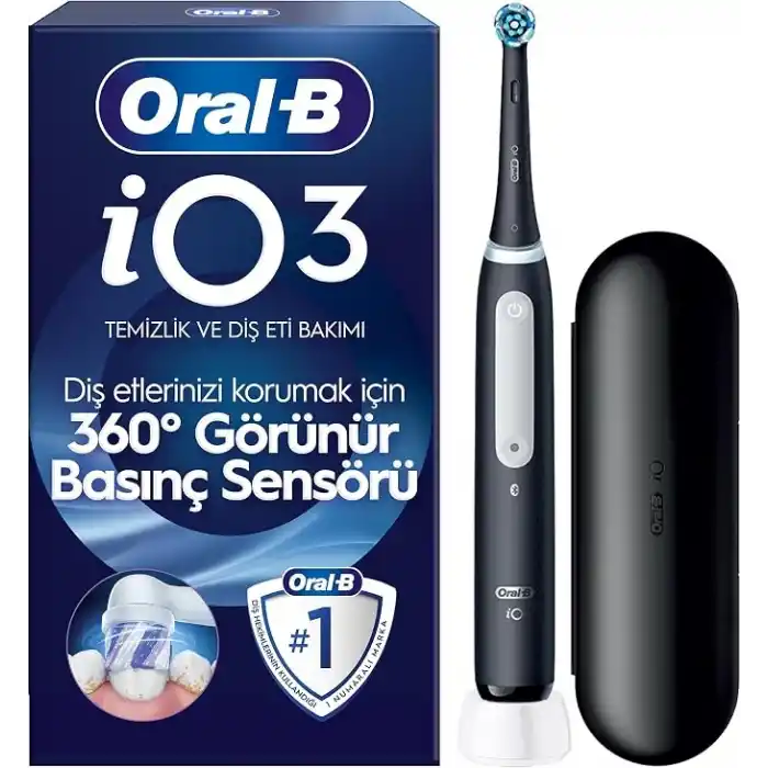 Oral-B iO3 Siyah Şarjlı/Elektrikli Diş Fırçası, 1 Fırça Başlığı, Uzun Ömürlü Pil, Seyahat Kabı