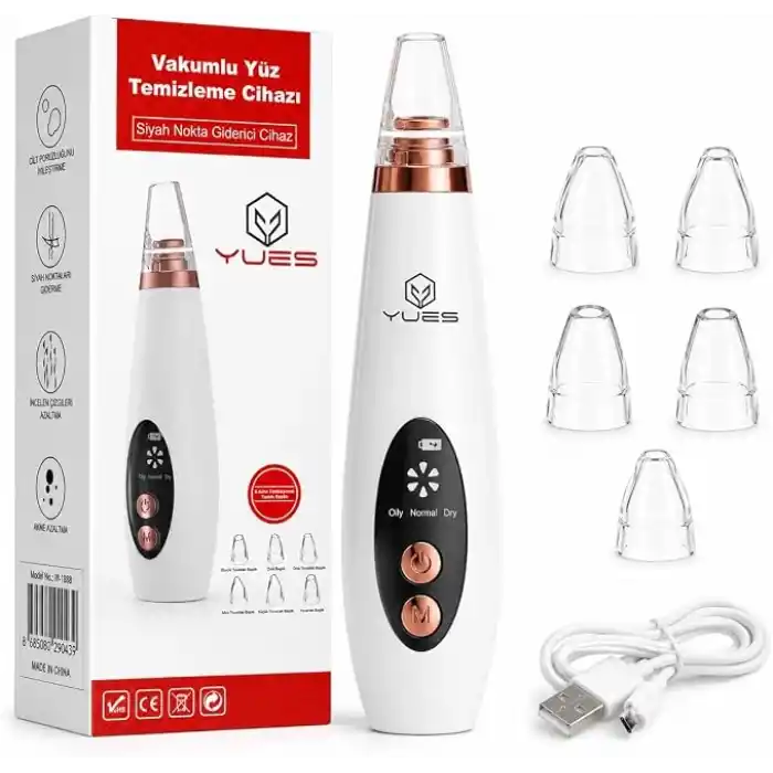 YUES Vakumlu Yüz Temizleme Cihazı Siyah Nokta Giderici, 6 Başlıklı Komedon Temizleme Aleti, LED Ekranlı, 3 Emiş Modlu, USB Şarjlı Gözenek Temizleyici Cilt Bakım Cihazı