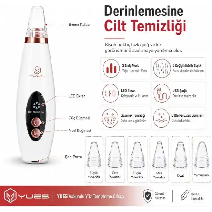 YUES Vakumlu Yüz Temizleme Cihazı Siyah Nokta Giderici, 6 Başlıklı Komedon Temizleme Aleti, LED Ekranlı, 3 Emiş Modlu, USB Şarjlı Gözenek Temizleyici Cilt Bakım Cihazı