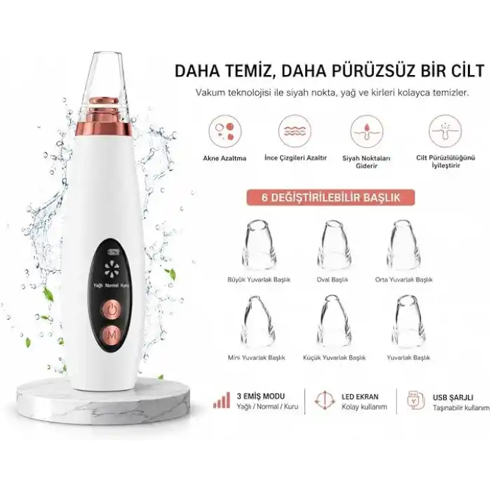 YUES Vakumlu Yüz Temizleme Cihazı Siyah Nokta Giderici, 6 Başlıklı Komedon Temizleme Aleti, LED Ekranlı, 3 Emiş Modlu, USB Şarjlı Gözenek Temizleyici Cilt Bakım Cihazı