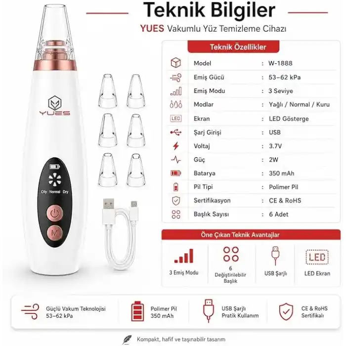 YUES Vakumlu Yüz Temizleme Cihazı Siyah Nokta Giderici, 6 Başlıklı Komedon Temizleme Aleti, LED Ekranlı, 3 Emiş Modlu, USB Şarjlı Gözenek Temizleyici Cilt Bakım Cihazı