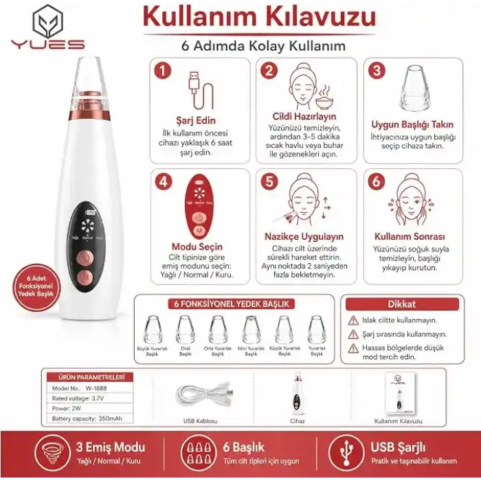 YUES Vakumlu Yüz Temizleme Cihazı Siyah Nokta Giderici, 6 Başlıklı Komedon Temizleme Aleti, LED Ekranlı, 3 Emiş Modlu, USB Şarjlı Gözenek Temizleyici Cilt Bakım Cihazı