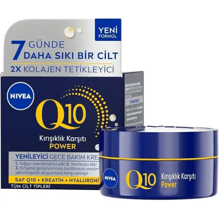 NIVEA Q10 Kırışıklık Karşıtı Gece Bakım Kremi 50 ml,Nemlendirici,Yenileyici,Kreatin,Hyaluronik Asit