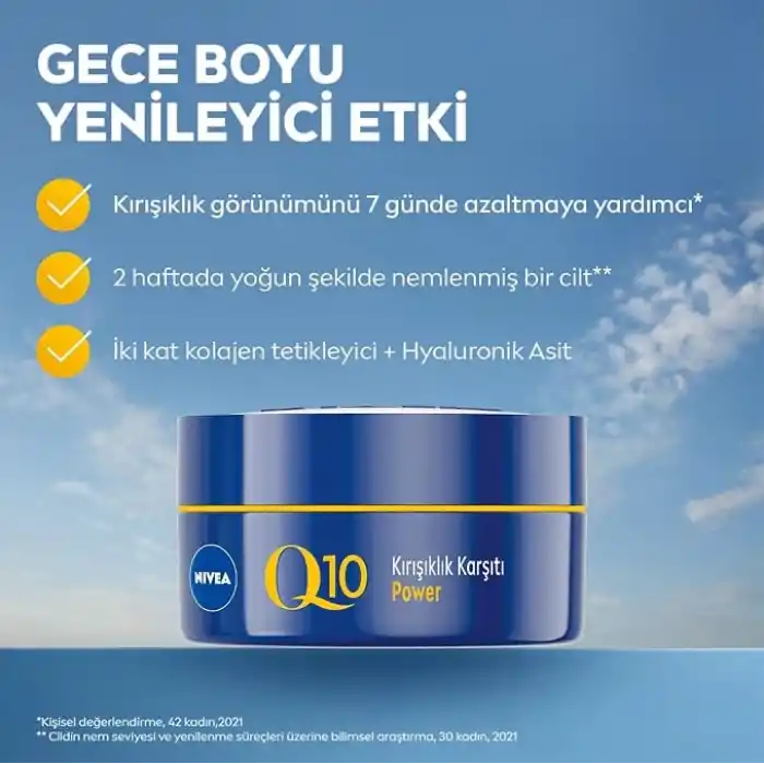NIVEA Q10 Kırışıklık Karşıtı Gece Bakım Kremi 50 ml,Nemlendirici,Yenileyici,Kreatin,Hyaluronik Asit