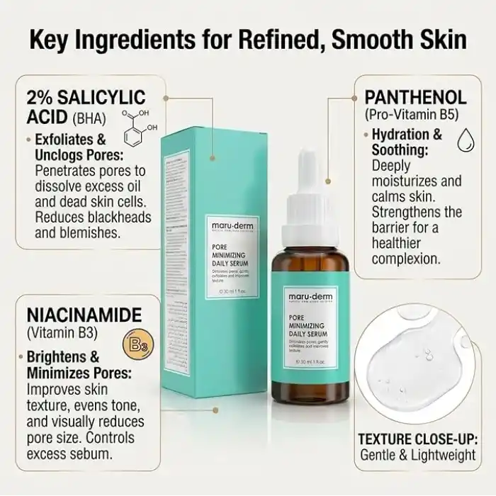 Maruderm Salisilik Asit%2 & Niacinamide%5 Gözenek Görünümü İnceltici Cilt Serumu – Yağ Dengesi ve Pürüzsüzlük Destekleyici Yüz Serumu, 30 ML