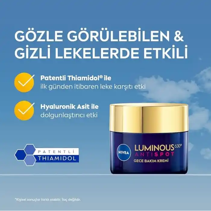 NIVEA Luminous630 Leke Karşıtı Gece Yüz Bakım Kremi 50ml,Nemlendirici,Hyaluronik Asit,Thiamidol,Tüm Cilt ve Leke Tipleri