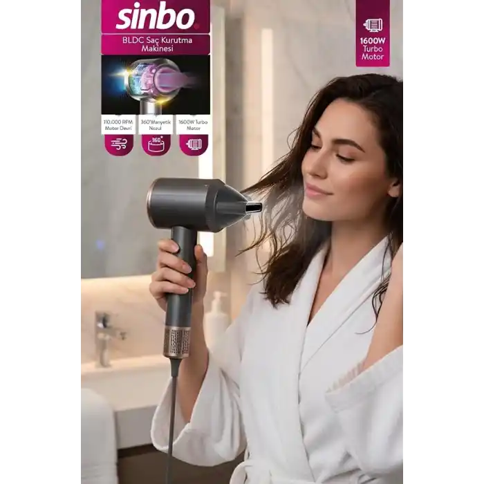 Sinbo SHD 1727 1600W BLDC Saç Kurutma Makinesi Gri – Sessiz ve Hızlı Kurutma
