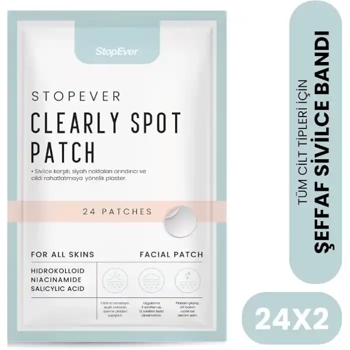 StopEver Clearly Spot Patch, Sivilce Karşıtı Şeffaf Plaster 2li Paket | Ultra İnce, Hidrokolloid + Niacinamide + Salicylic Asit İçerikli Akne Karşıtı Yüz Bandı | 48 adet (2 x 24)