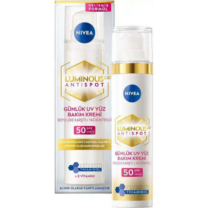 NIVEA Luminous630 Leke Karşıtı Gündüz Bakım Kremi 40ml, SPF50 Yüksek Güneş Koruyucu, Hyaluronik Asit, E vitamini, Hassas Cilt, Yüz Güneş Koruyucu, Koyu Leke, Güneş Lekesi Karşıtı