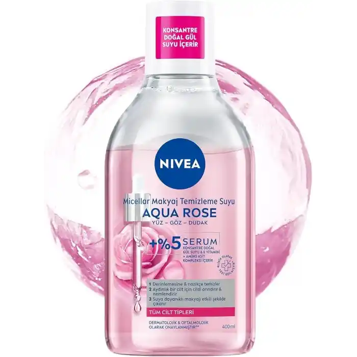 NIVEA Aqua Rose Gül Suyu ve Serum İçeren Çift Fazlı Micellar Makyaj Temizleme Suyu 400ml,Yüz Göz Dudak, SPF Filtrelerini Temizler