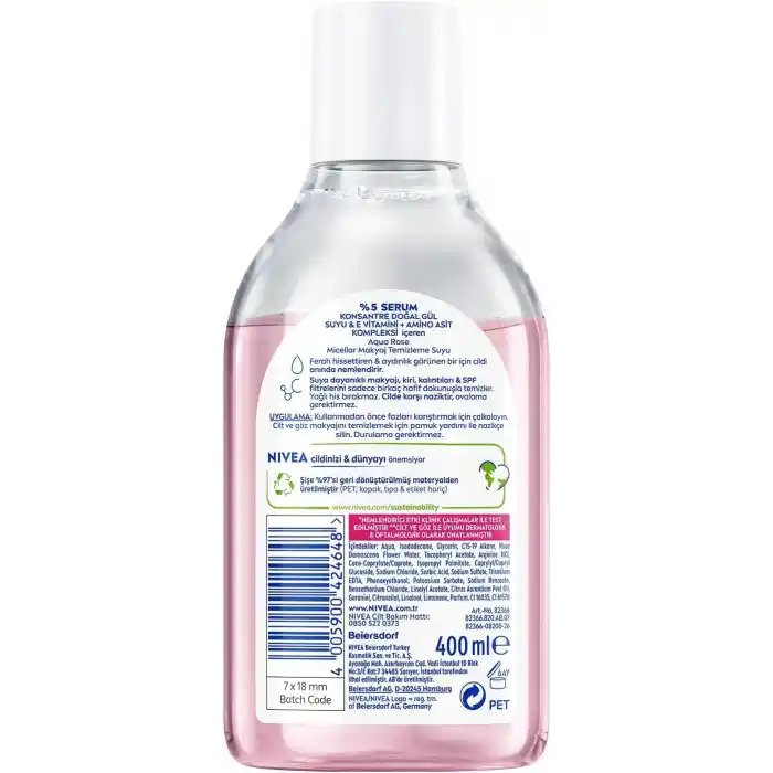NIVEA Aqua Rose Gül Suyu ve Serum İçeren Çift Fazlı Micellar Makyaj Temizleme Suyu 400ml,Yüz Göz Dudak, SPF Filtrelerini Temizler