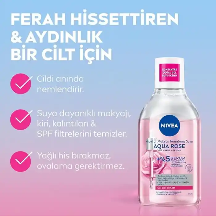 NIVEA Aqua Rose Gül Suyu ve Serum İçeren Çift Fazlı Micellar Makyaj Temizleme Suyu 400ml,Yüz Göz Dudak, SPF Filtrelerini Temizler