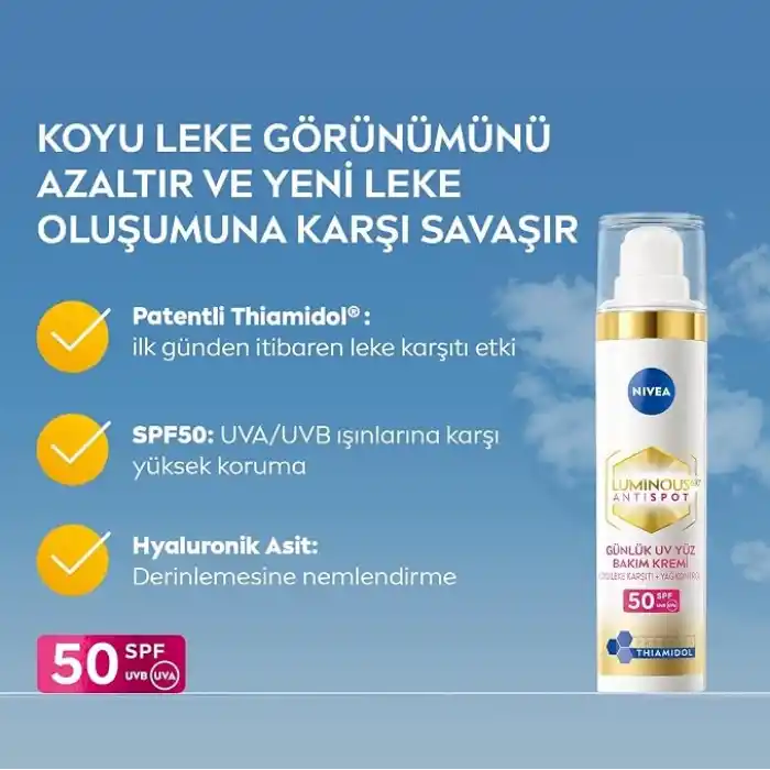 NIVEA Luminous630 Leke Karşıtı Gündüz Bakım Kremi 40ml, SPF50 Yüksek Güneş Koruyucu, Hyaluronik Asit, E vitamini, Hassas Cilt, Yüz Güneş Koruyucu, Koyu Leke, Güneş Lekesi Karşıtı