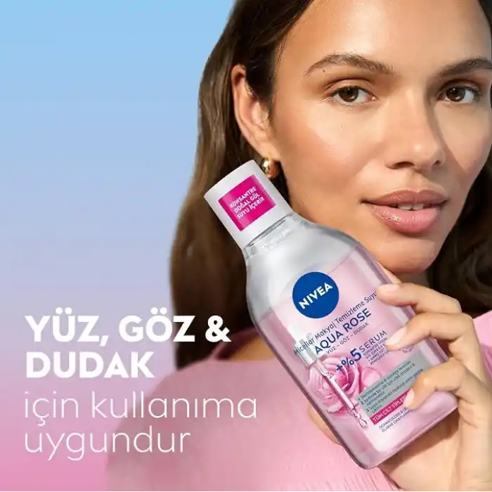 NIVEA Aqua Rose Gül Suyu ve Serum İçeren Çift Fazlı Micellar Makyaj Temizleme Suyu 400ml,Yüz Göz Dudak, SPF Filtrelerini Temizler