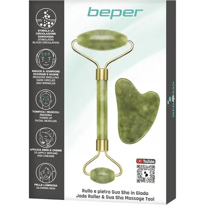 Beper C301ABE101 Gua Sha Yeşim Taşında Jade Roller & Gua Sha Masaj Aleti, Yüz ve Vücut Masaj, Rahatlatıcı, Modelleme ve Yaşlanma