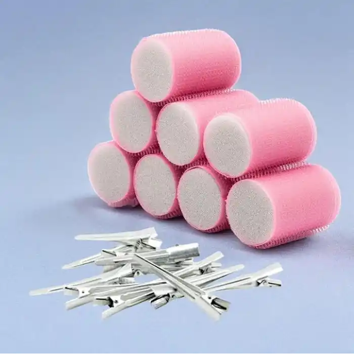 Croc 1207 Pembe Cırtlı Sünger Bigudi 8Li Çap 4Cm + 12Li Alüminyum Saç Pensi