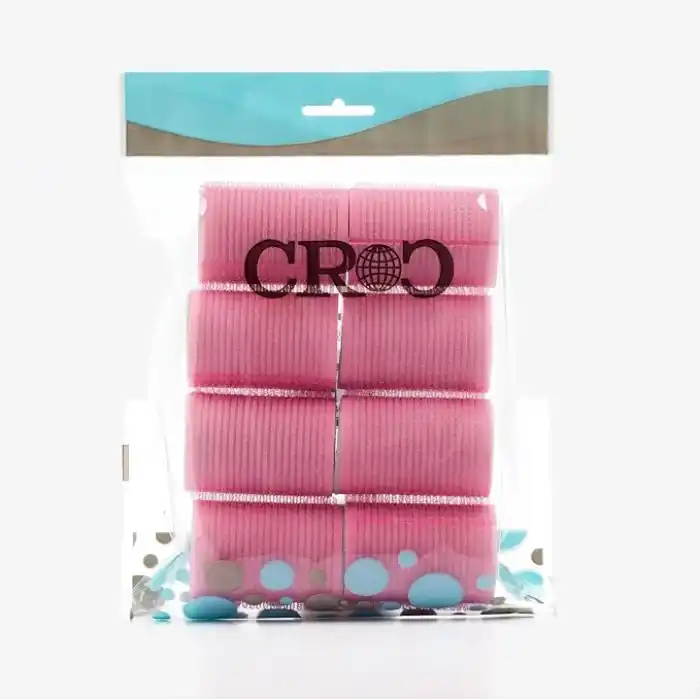 Croc 1207 Pembe Cırtlı Sünger Bigudi 8Li Çap 4Cm + 12Li Alüminyum Saç Pensi