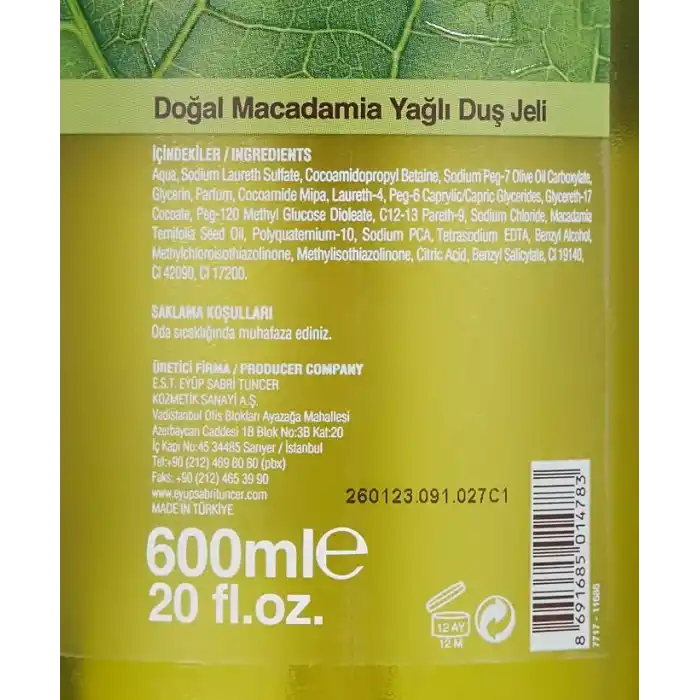Eyüp Sabri Tuncer Doğal Macadamia Yağli Duş Jeli (600 Ml)