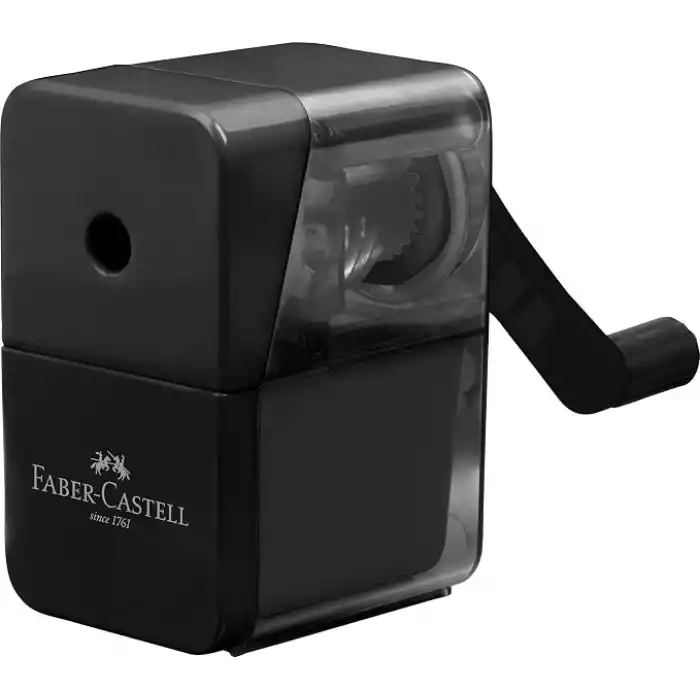 Faber-Castell Masaüstü Kollu Kalemtıraş, Siyah, 8.4 mm Çaplı, Çocuk Korumalı, Kurşun ve Boya Kalemleri İçin Uygun, Toplama Hazneli
