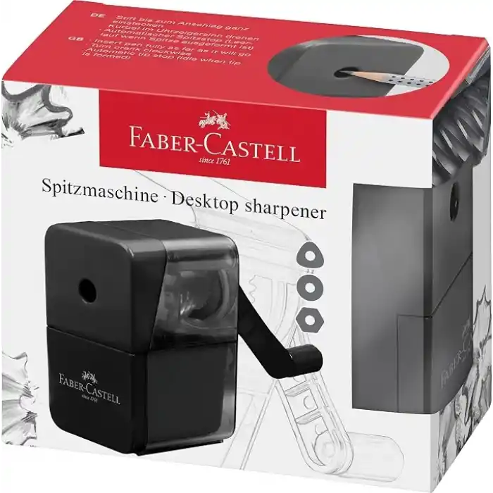 Faber-Castell Masaüstü Kollu Kalemtıraş, Siyah, 8.4 mm Çaplı, Çocuk Korumalı, Kurşun ve Boya Kalemleri İçin Uygun, Toplama Hazneli