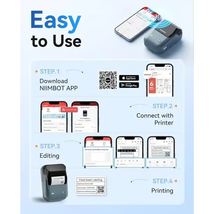 NIIMBOT B1 Etiket Makinesi, Otomatik Tanımlamalı Bluetooth Taşınabilir Etiket Yazıcısı, Ofis, Ev, İş için Kullanımı Kolay, 2 x 1.2 inç Etiket/Rulo (Mavi)