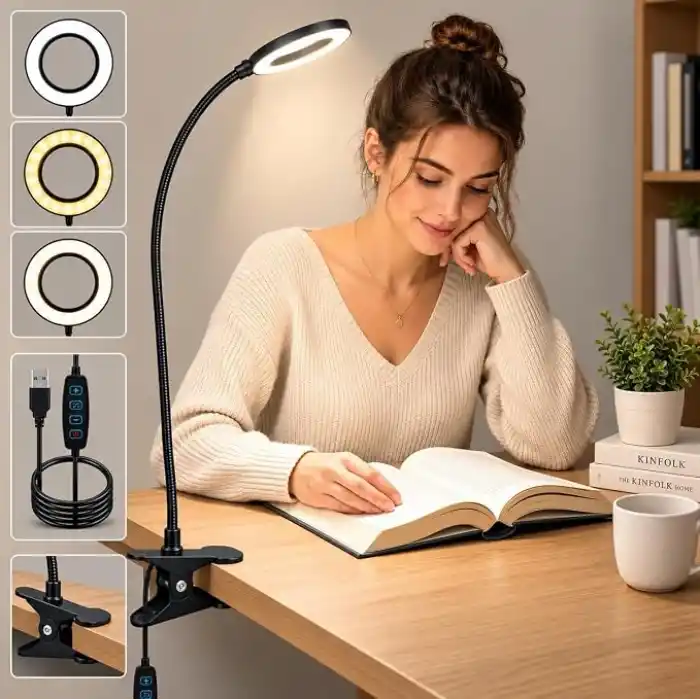 Kyrotech Klipsli LED Kitap Okuma Lambası USB Girişli Aydınlatma Esnek Kollu Metal Ders Çalışma Makyaj TikTok YouTube Canlı Yayın İçerik Üretim Işığı Göz Yormaz Modern 3 Renk Modlu Sarı Beyaz Gün Işığı