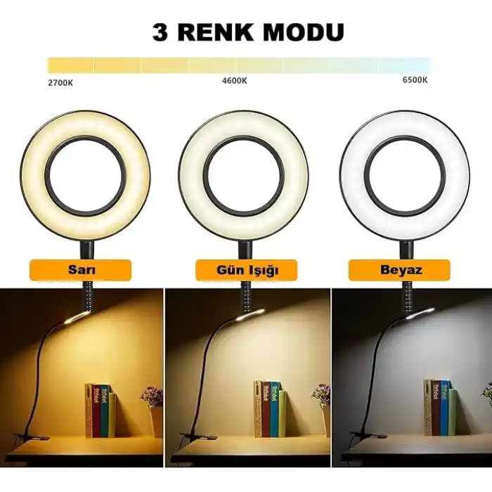 Kyrotech Klipsli LED Kitap Okuma Lambası USB Girişli Aydınlatma Esnek Kollu Metal Ders Çalışma Makyaj TikTok YouTube Canlı Yayın İçerik Üretim Işığı Göz Yormaz Modern 3 Renk Modlu Sarı Beyaz Gün Işığı