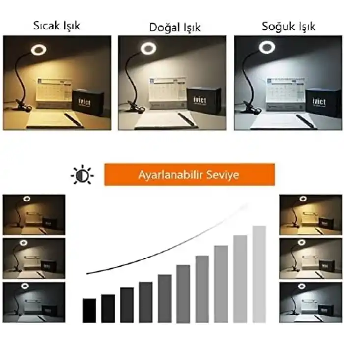 Kyrotech Klipsli LED Kitap Okuma Lambası USB Girişli Aydınlatma Esnek Kollu Metal Ders Çalışma Makyaj TikTok YouTube Canlı Yayın İçerik Üretim Işığı Göz Yormaz Modern 3 Renk Modlu Sarı Beyaz Gün Işığı