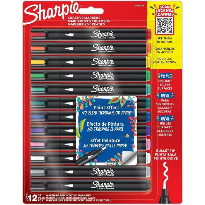 SHARPIE Creative Marker Akrilik Boya Kalemleri | Yuvarlak Uçlu Su Bazlı Boya Kalemi | Mürekkep Kağıda Geçirmez ve Çoğu Yüzey Üzerine Yazar | 12 Adet