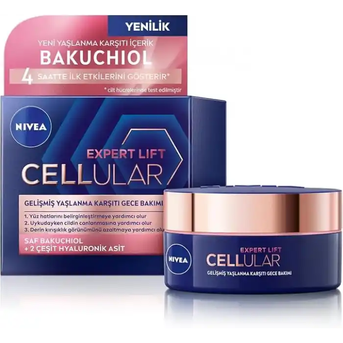 NIVEA Cellular Expert Lift Doğal Retinol Alternatifi Saf Bakuchiol ve Hyaluronik Asit içeren Kırışıklık Karşıtı ve Nemlendirici Gece Kremi 50 ml