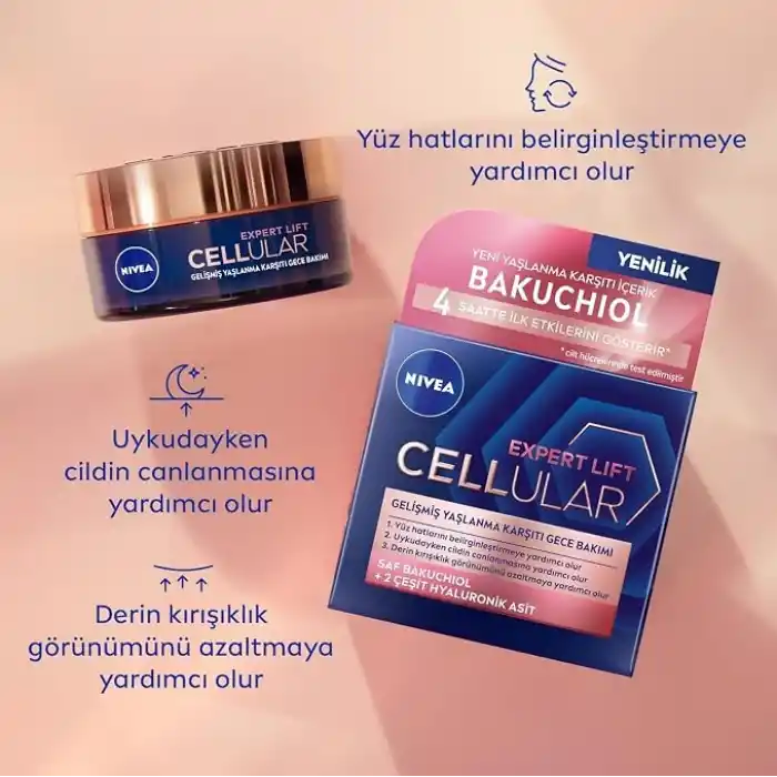NIVEA Cellular Expert Lift Doğal Retinol Alternatifi Saf Bakuchiol ve Hyaluronik Asit içeren Kırışıklık Karşıtı ve Nemlendirici Gece Kremi 50 ml