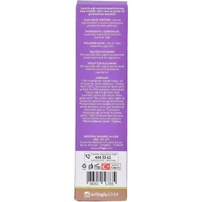 Arifoğlu Lavanta Yağı 20ml Katkısız ve Doğal İçerikli Cilt Bakım Yağı Aromaterapi